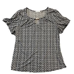 Notations Women’s XL Black White Geometric Print Top Gold Bar Neck Short Sleeve